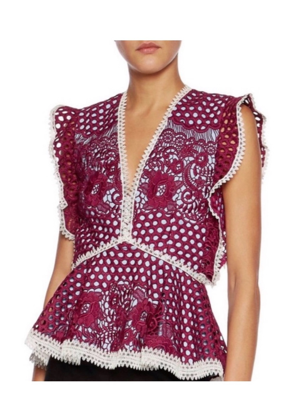 Alexis Burgundy Lace Peplum Blouse with White Crochet Trim